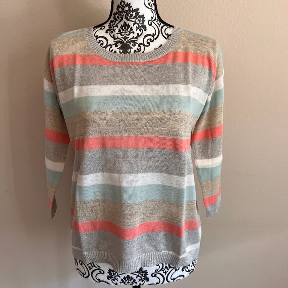 Ann Taylor LOFT Petite - Shimmer Stripe 3/4 Sleeve Sweater - Birch Branch - XXSP - Picture 3 of 7